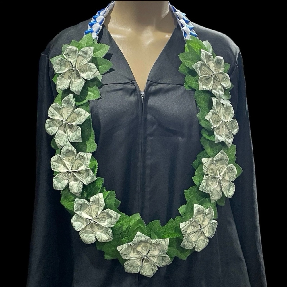 Handmade Money Flower Graduation  Lei Braided Ribbon Blue & White with Lesves